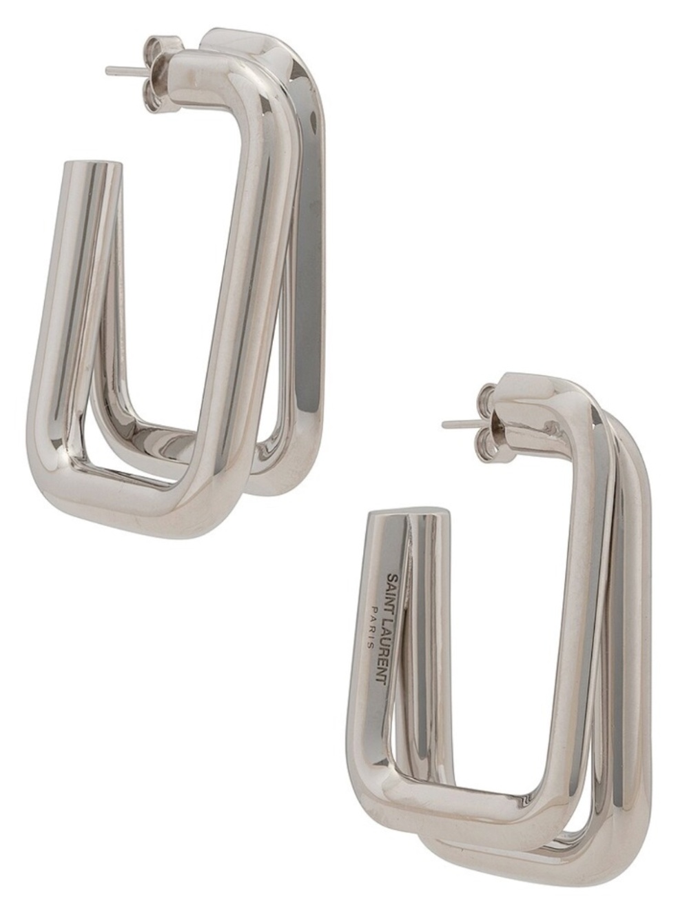 Saint Laurent YSL Silver Brass Rectangular Double Hoop Stacked Drop Earrings